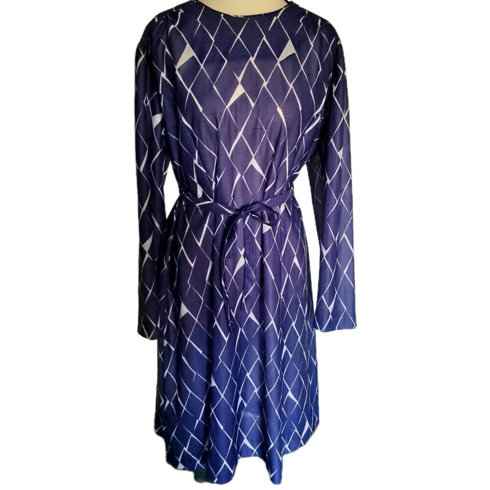 Vintage Navy Diamond Zip Back Tie Waist Sheer Midi Dress Size L Cocktail Resort